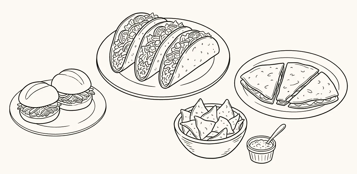 Line drawing of tacos, quesadilla, chips and salsa, and carnitas sliders