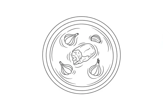 Black Garlic Chicken Soup, catering dish line drawing