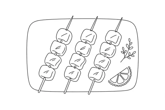 Charcoal-Grilled Chicken Skewers, catering dish line drawing