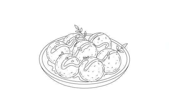 Golden Cuttlefish Balls, catering dish line drawing