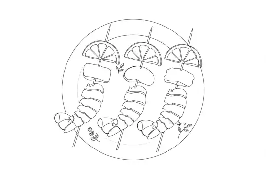 Butter-Poached Lobster Skewers, catering dish line drawing