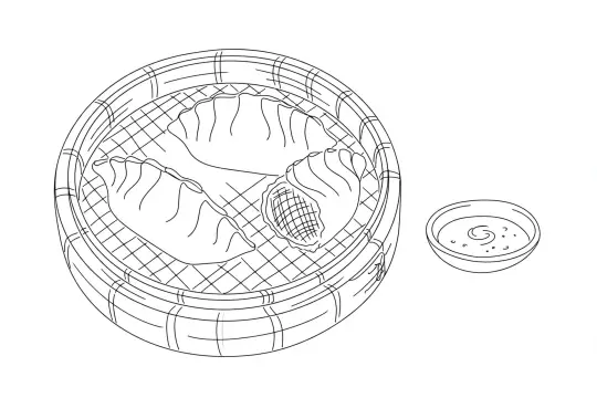 Golden Pan-Seared Pork Potstickers, catering dish line drawing