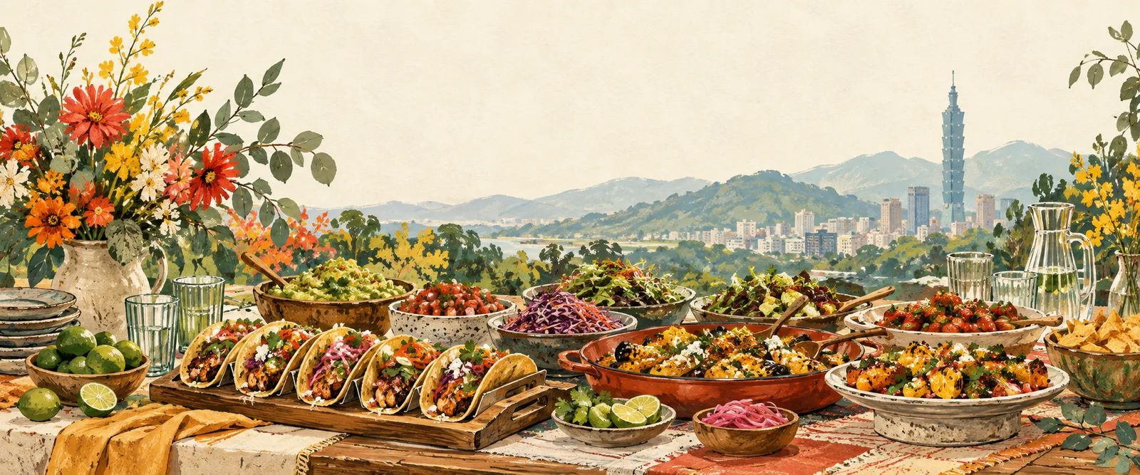 Hand-drawn catering buffet with Taipei skyline